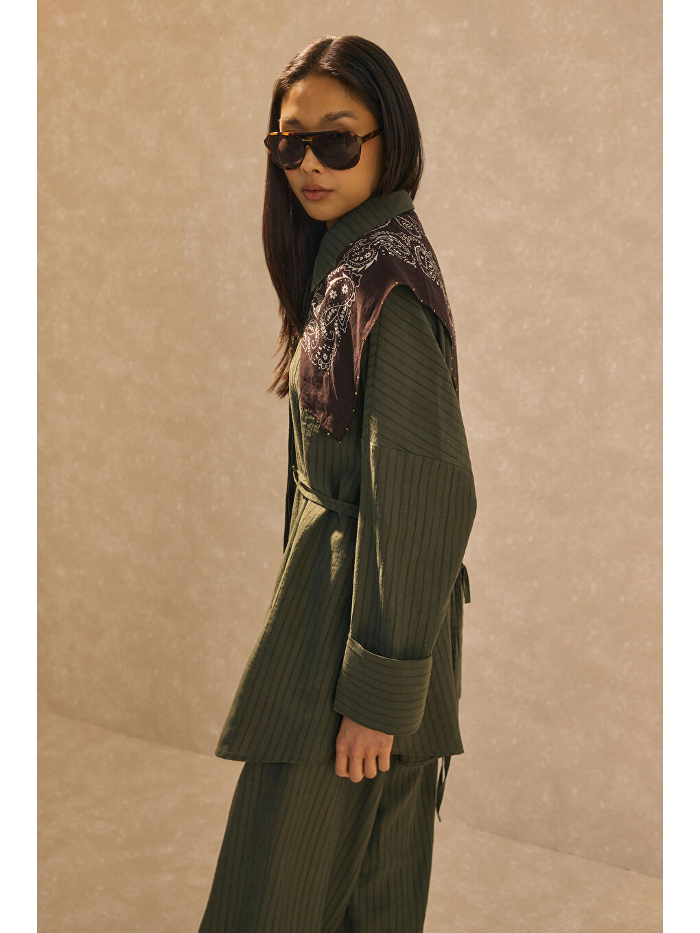 Çizgili Efektli Modal Takım Orman Yeşili-1