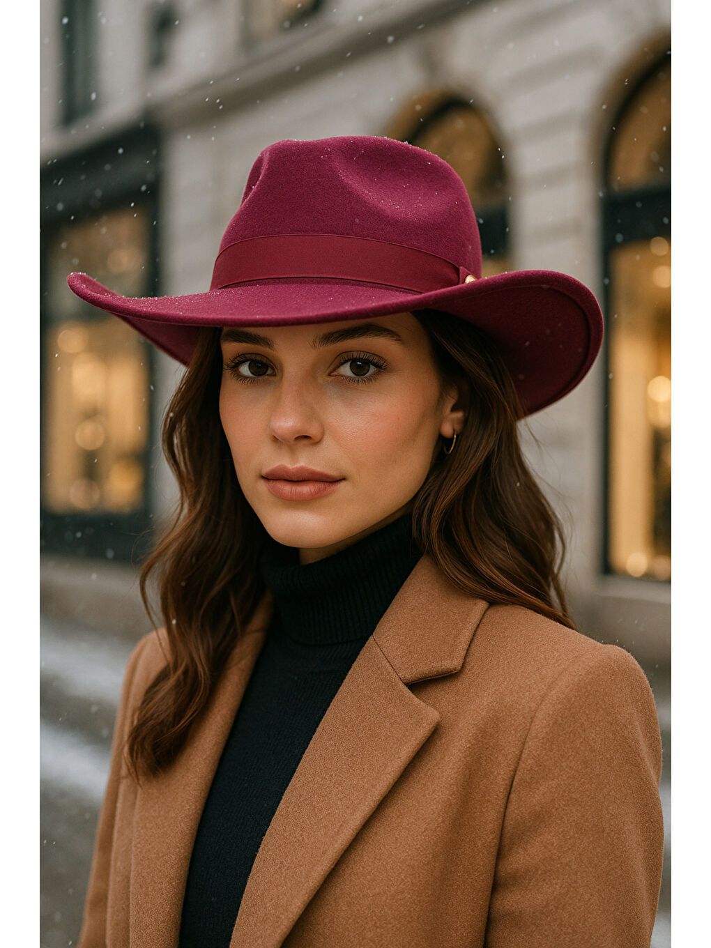 Kadın Bordo Kenarı Kıvrık Kovboy Kaşe Panama Şapka SPK1149-2