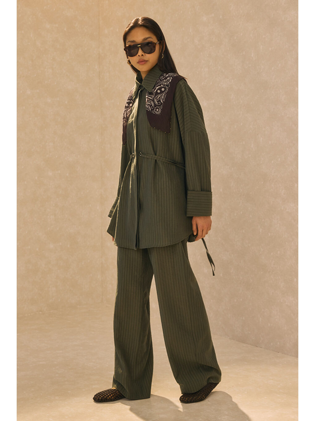 Çizgili Efektli Modal Takım Orman Yeşili-2