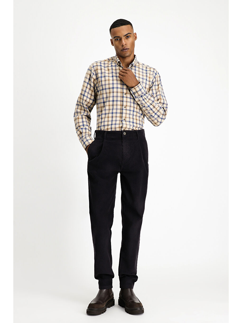 Bej Uzun Kol Regular Fit Ekose Spor Pamuk Düğmeli Yaka %100 Pamuk Gömlek