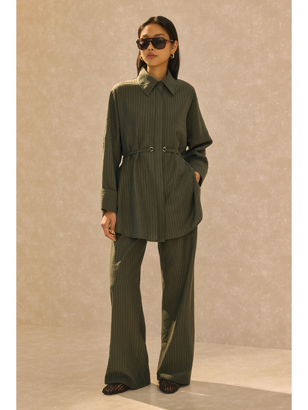 Çizgili Efektli Modal Takım Orman Yeşili-3