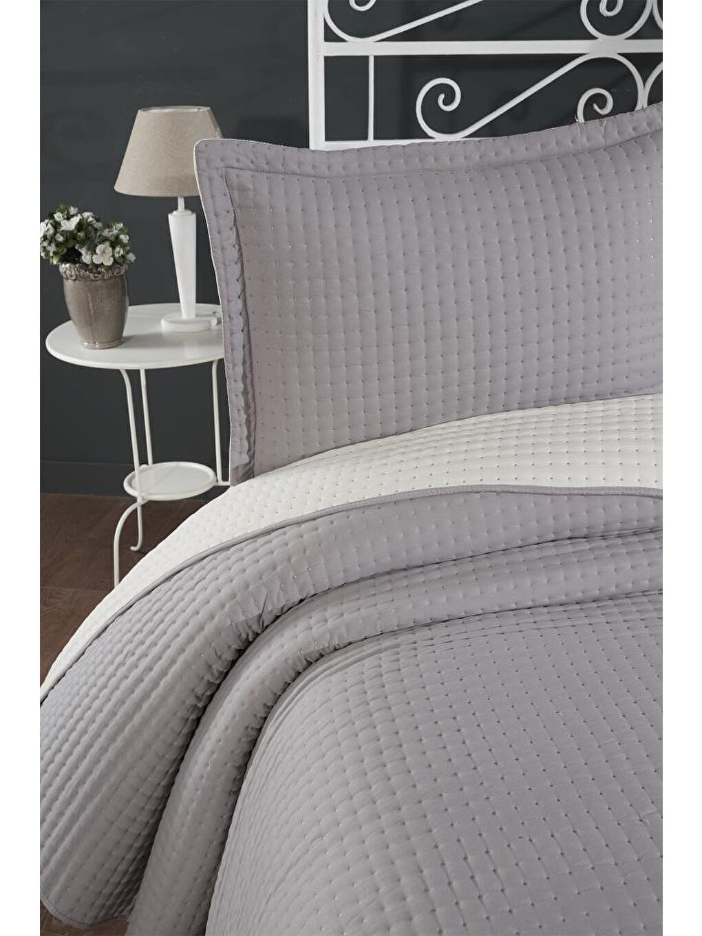 Elisa Dolgulu Çift Taraflı Çift Kişilik 240x260 Cm Yatak Örtüsü Koyu Gri-5