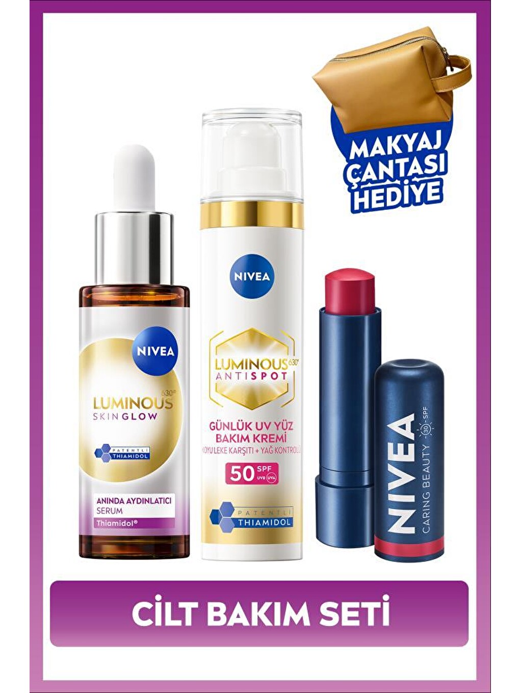 Luminous630 Thiamidol Leke Karşıtı Gündüz Kremi 40ml, Serum Ve Kırmızı Dudak Kremi, Makyaj Çantası