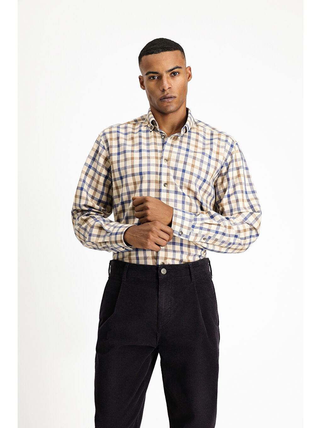 Bej Uzun Kol Regular Fit Ekose Spor Pamuk Düğmeli Yaka %100 Pamuk Gömlek-1