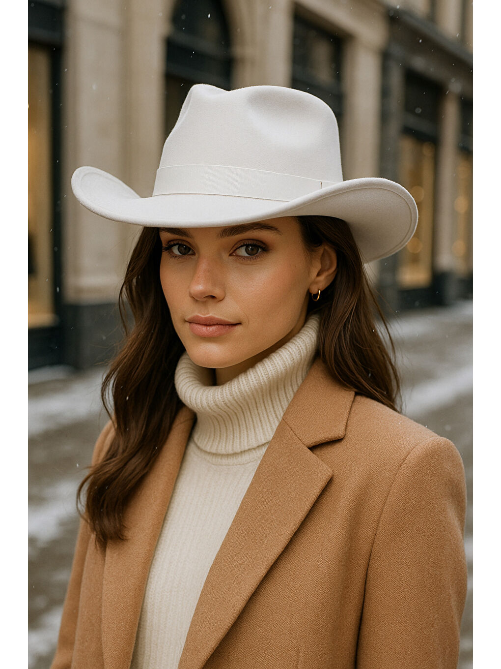 Kadın Beyaz Kenarı Kıvrık Kovboy Kaşe Panama Şapka SPK1149-1