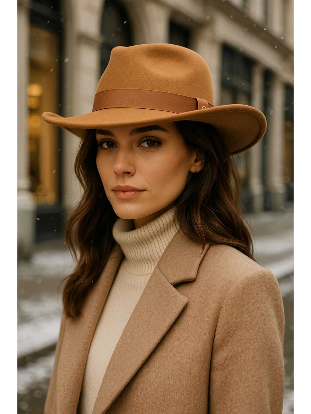 Kahverengi Kadın Camel Kenarı Kıvrık Kovboy Kaşe Panama Şapka SPK1149-2