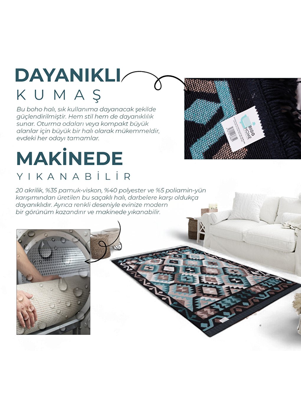 Karışık Çift Taraflı Kilim, Makinede Yıkanabilir, Modern Desenli, 80*150 cm, SA1818A-7
