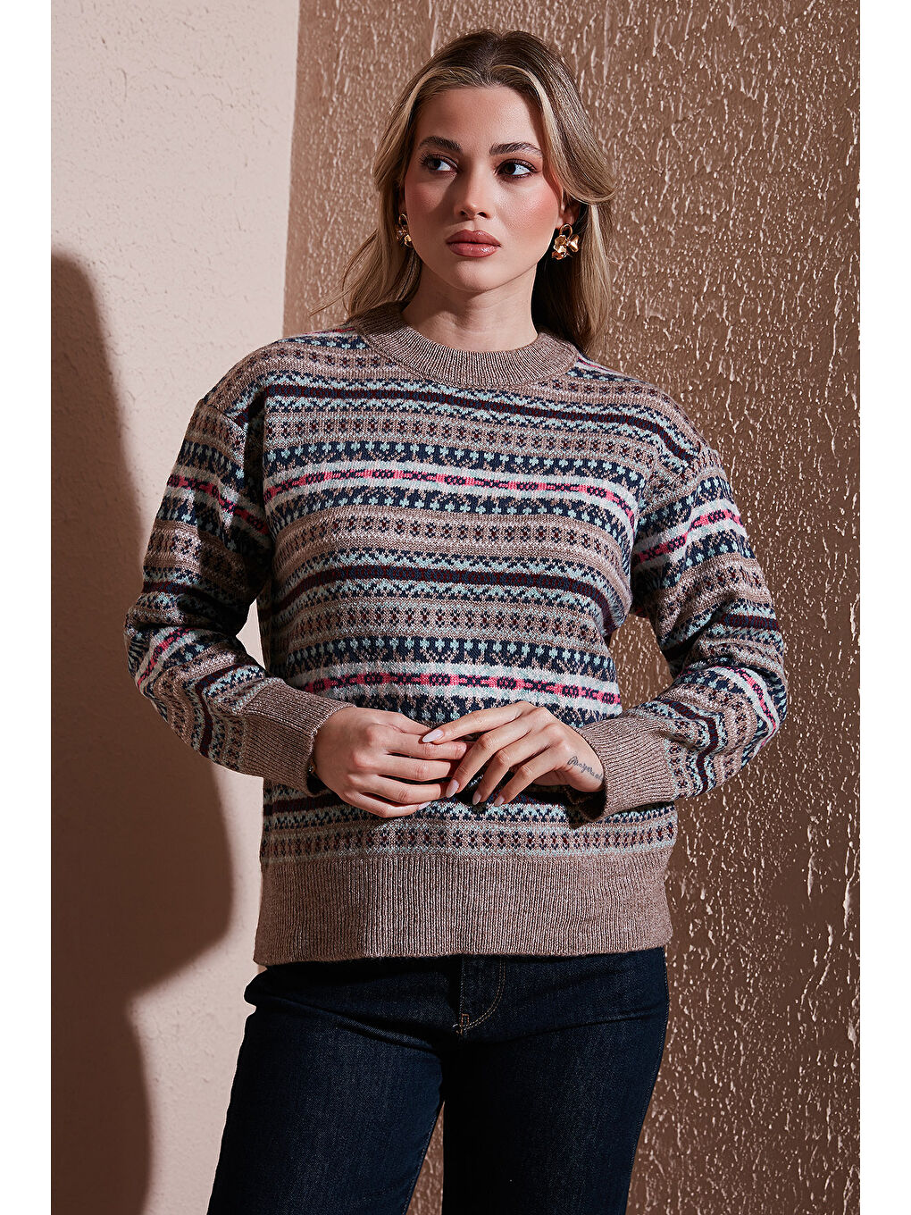 Bej Regular Fit Desenli Bisiklet Yaka Kazak 25K0092K1-1