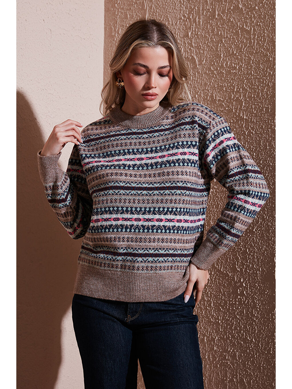 Bej Regular Fit Desenli Bisiklet Yaka Kazak 25K0092K1-2