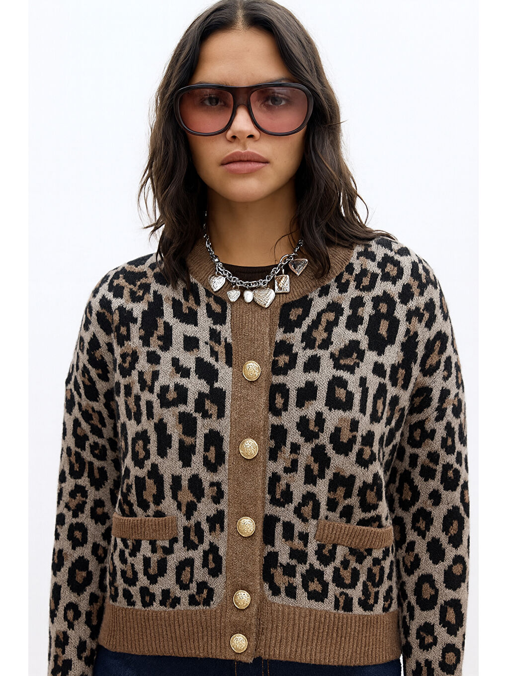 Kahverengi Regular Fit Leopar Desenli Hırka 25K0083K1-1