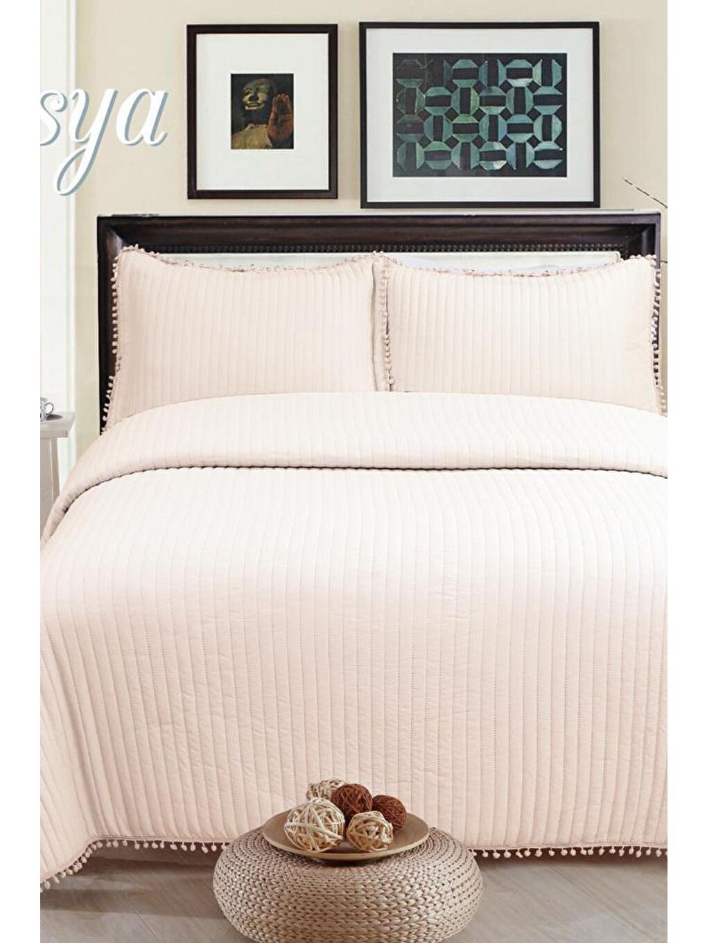 Pembe Asya Elyaf Dolgulu Çift Kişilik 240x260 Cm Yatak Örtüsü Pudra