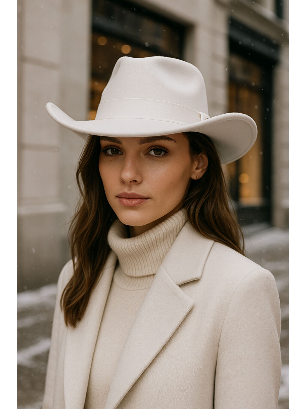 Kadın Beyaz Kenarı Kıvrık Kovboy Kaşe Panama Şapka SPK1149-2