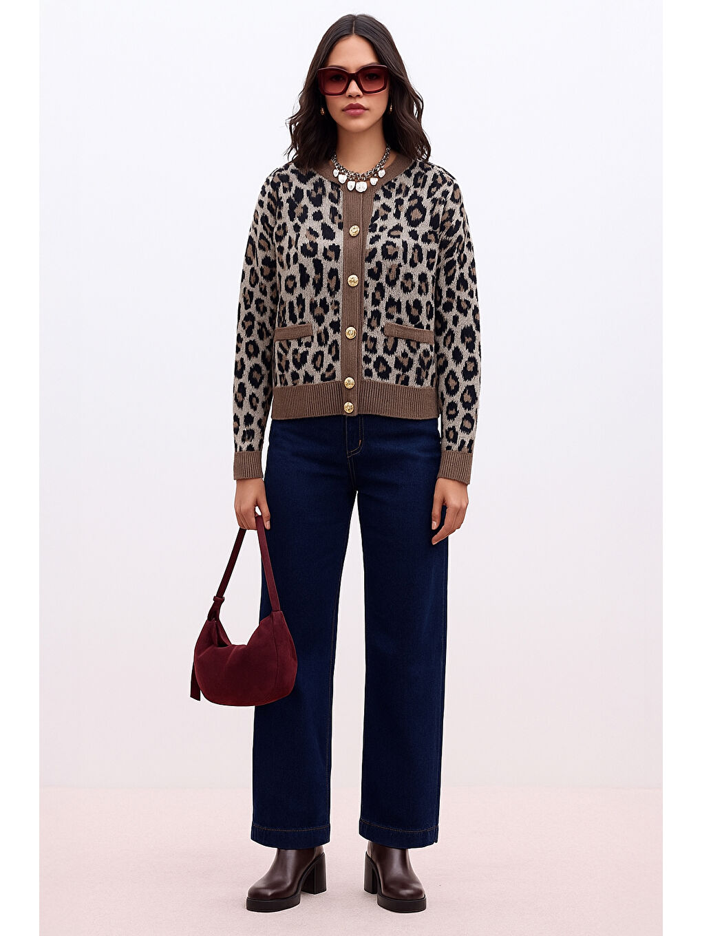 Kahverengi Regular Fit Leopar Desenli Hırka 25K0083K1-2