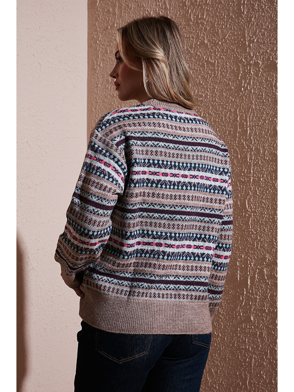 Bej Regular Fit Desenli Bisiklet Yaka Kazak 25K0092K1-3