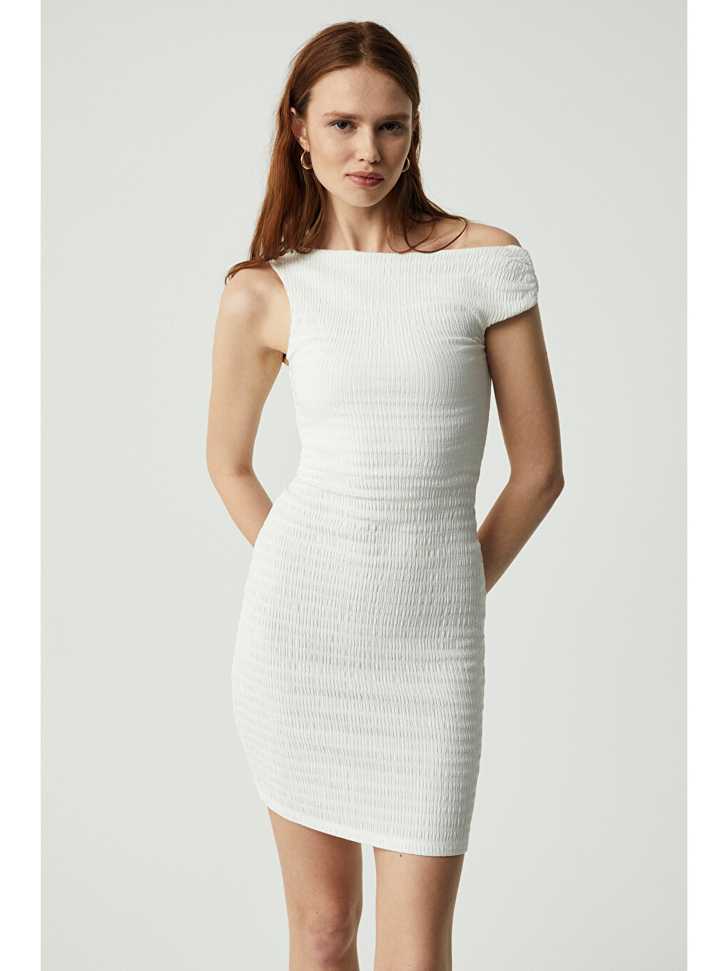 Innsa Kadın Bürümcük 3 Boyutlu Kumaşlı Tek Omuzlu Bodycon Ekru Elbise-1