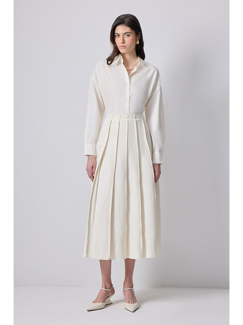 Ekru Pileli Gabardin Etek