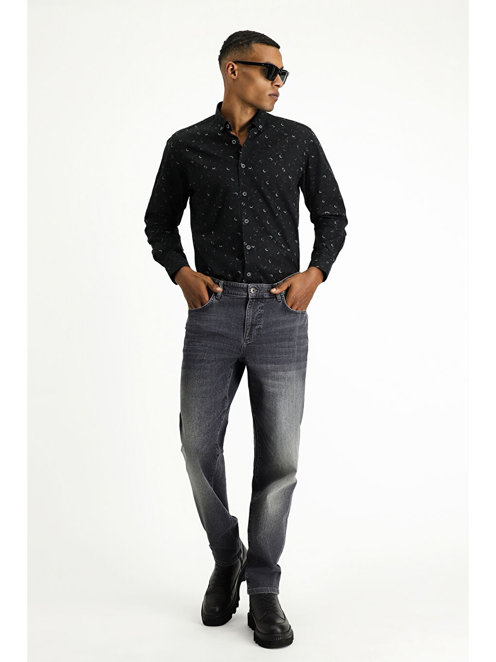 Siyah Uzun Kol Regular Fit Baskılı Spor Pamuk Düğmeli Yaka Gömlek-1
