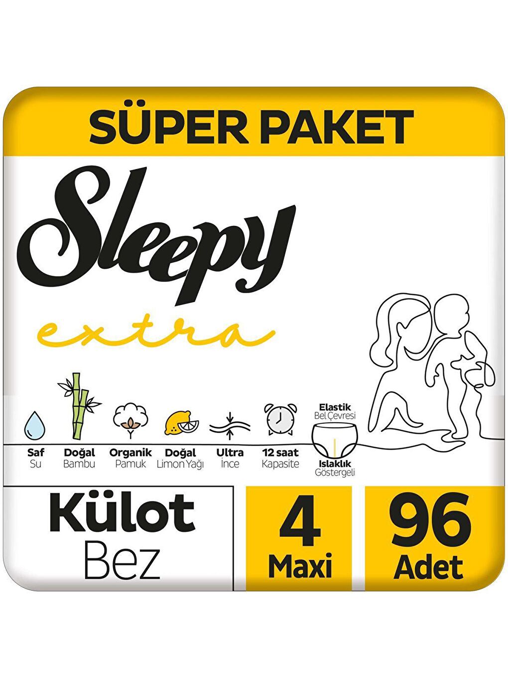 Sleepy Beyaz Tekli Paket Extra Günlük Aktivite Süper Paket Külot Bez 4 Numara Maxi (96 Adet)