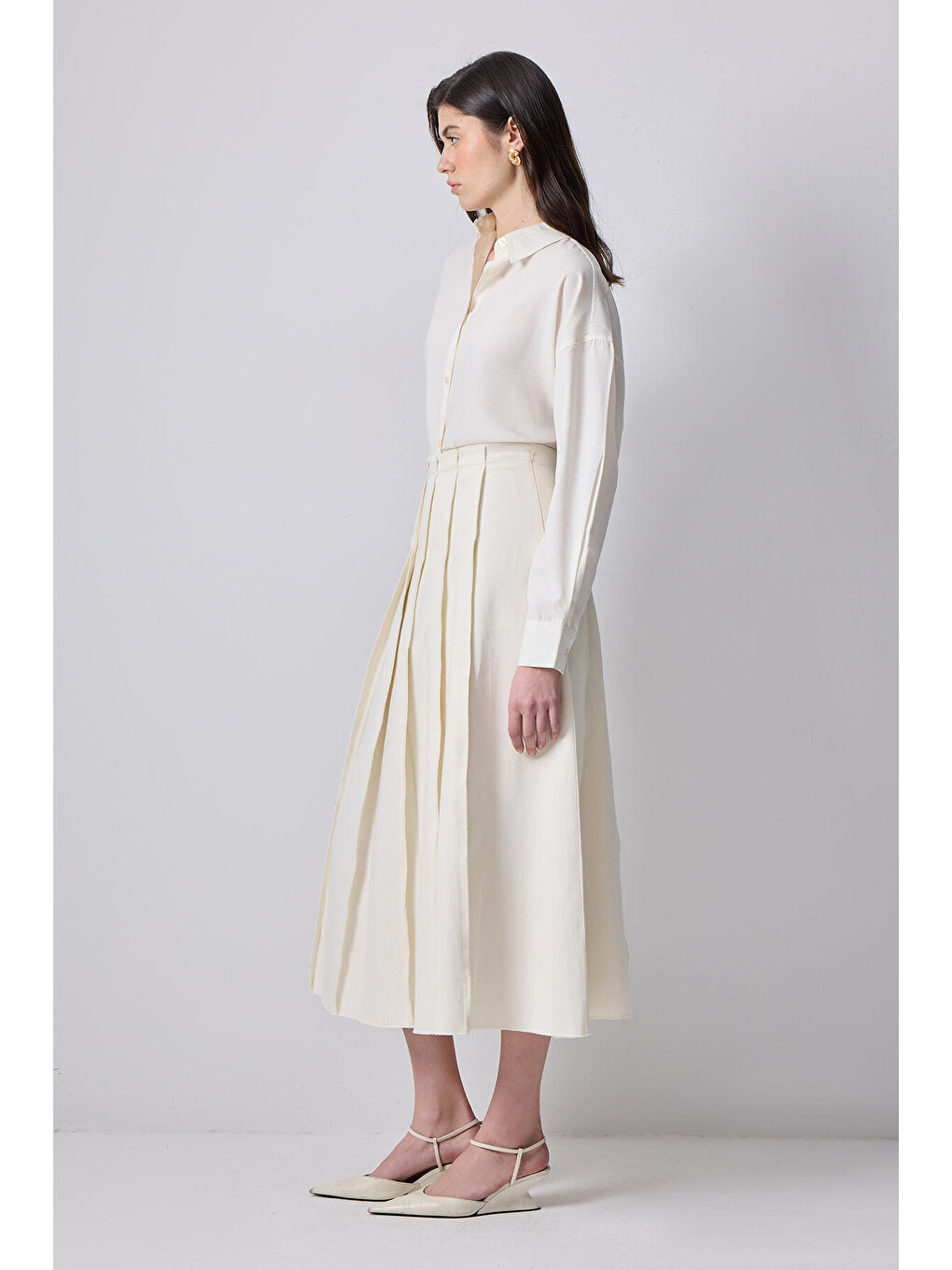 Ekru Pileli Gabardin Etek-2