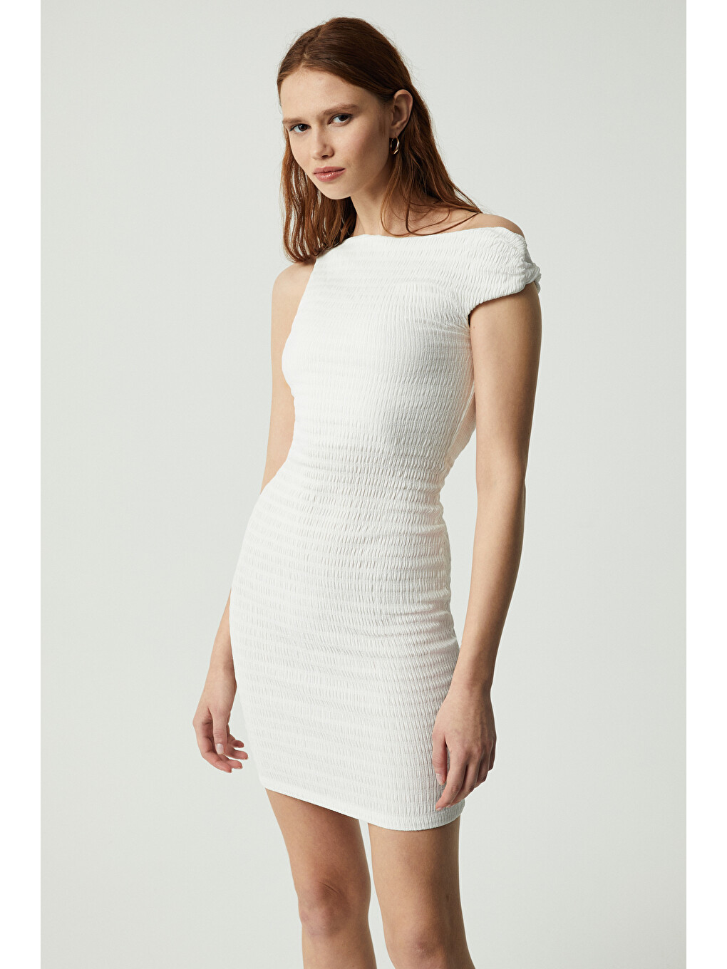 Innsa Kadın Bürümcük 3 Boyutlu Kumaşlı Tek Omuzlu Bodycon Ekru Elbise-2