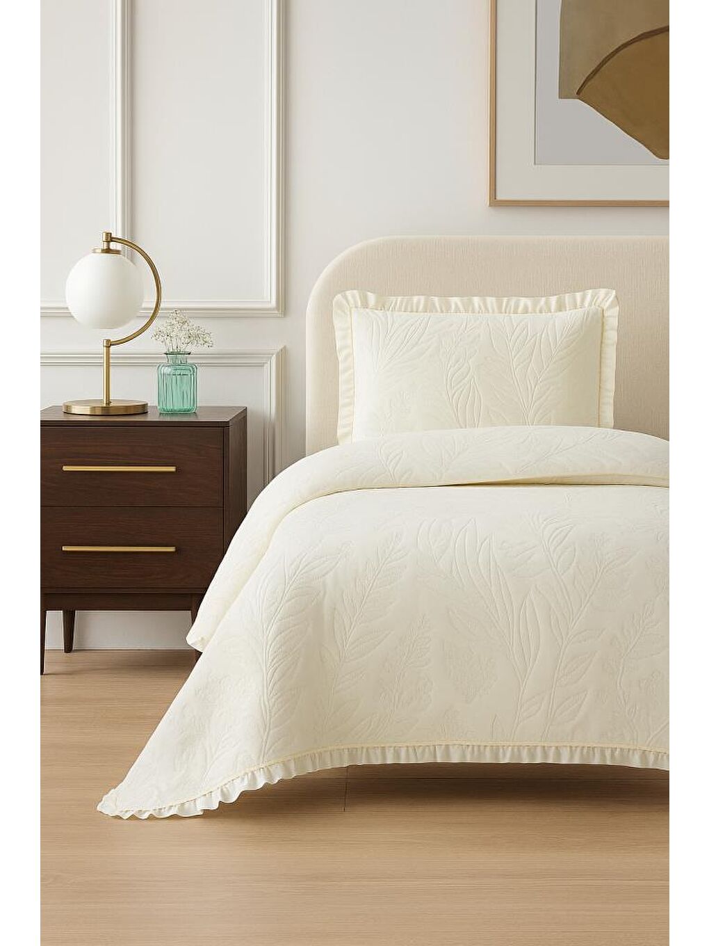 Ekru Madrid Elyaf Dolgulu Tek Kişilik 180x240 Cm Yatak Örtüsü Krem