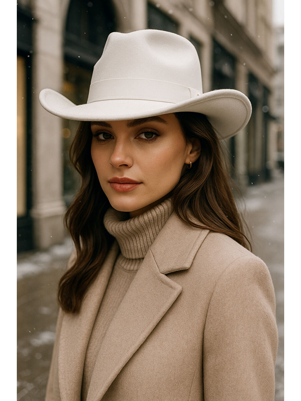 Kadın Beyaz Kenarı Kıvrık Kovboy Kaşe Panama Şapka SPK1149-3