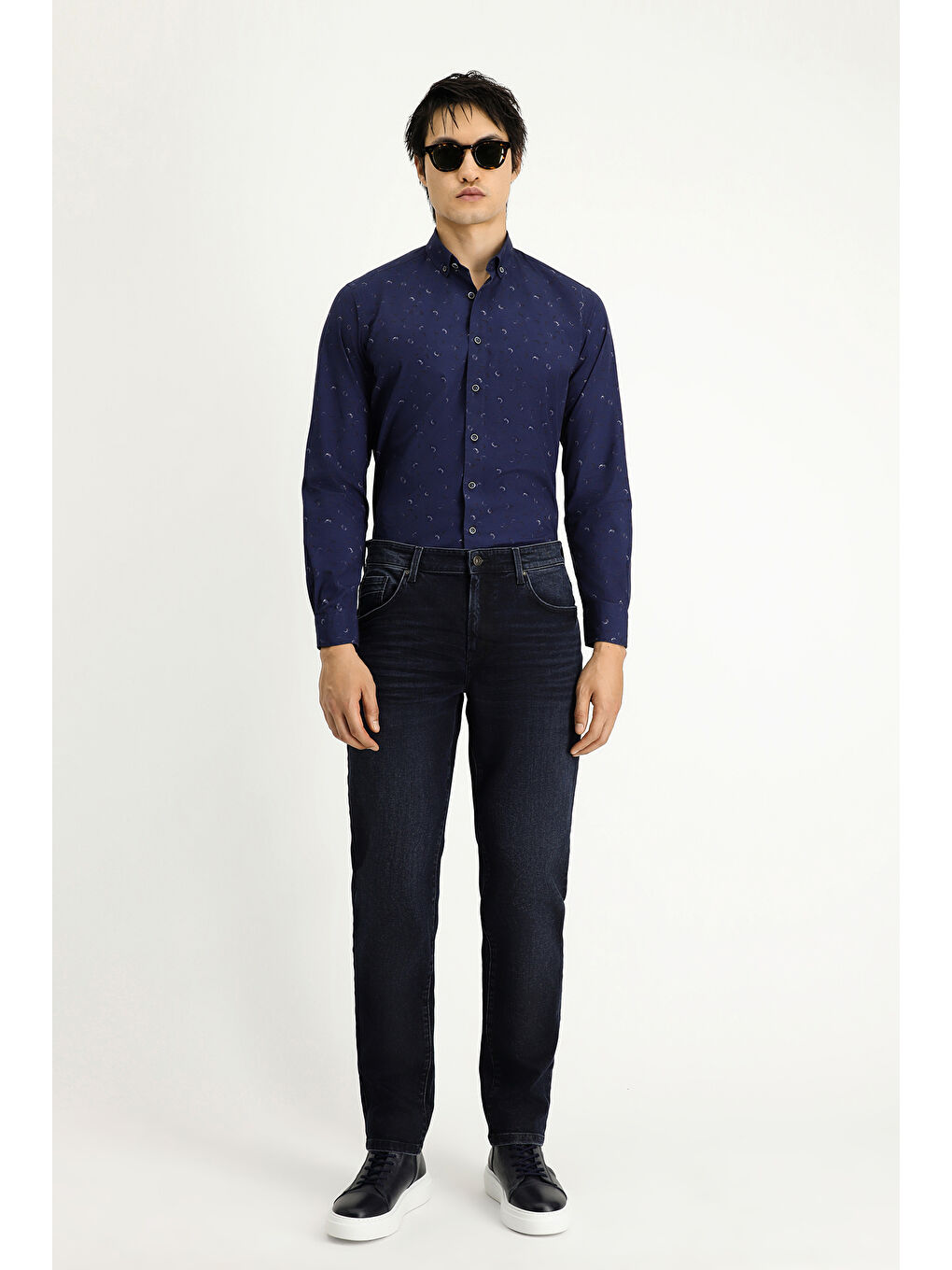 Lacivert Uzun Kol Regular Fit Baskılı Spor Pamuk Düğmeli Yaka %100 Pamuk Gömlek-1