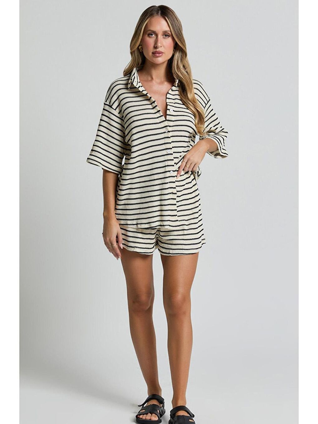 Beyaz Kadın Şort Gömlek Takım Mg2328-1