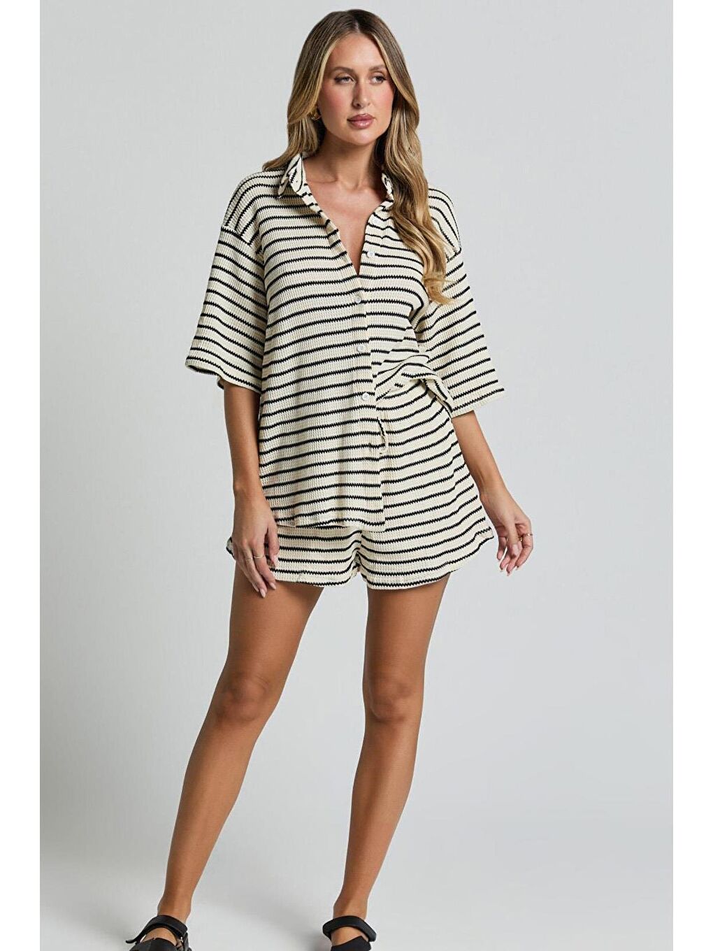 Beyaz Kadın Şort Gömlek Takım Mg2328-2