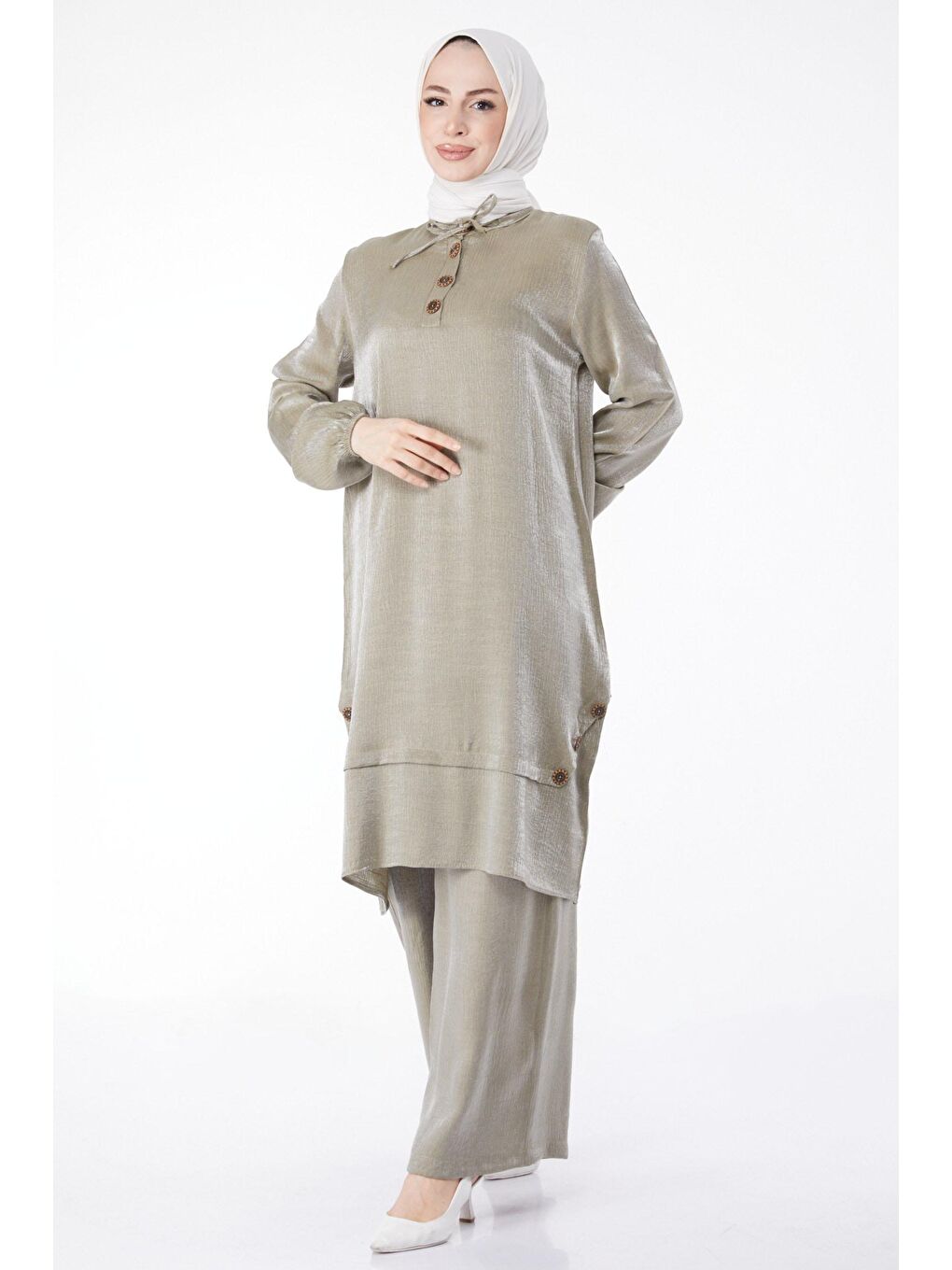 Hakim Yaka Kadın Haki Düğme Detaylı İkili Takım - 25122
