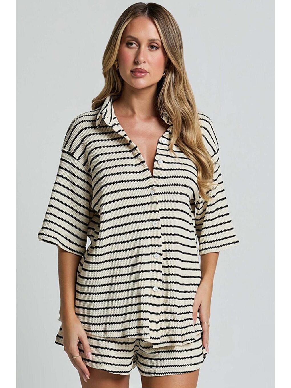 Beyaz Kadın Şort Gömlek Takım Mg2328-5