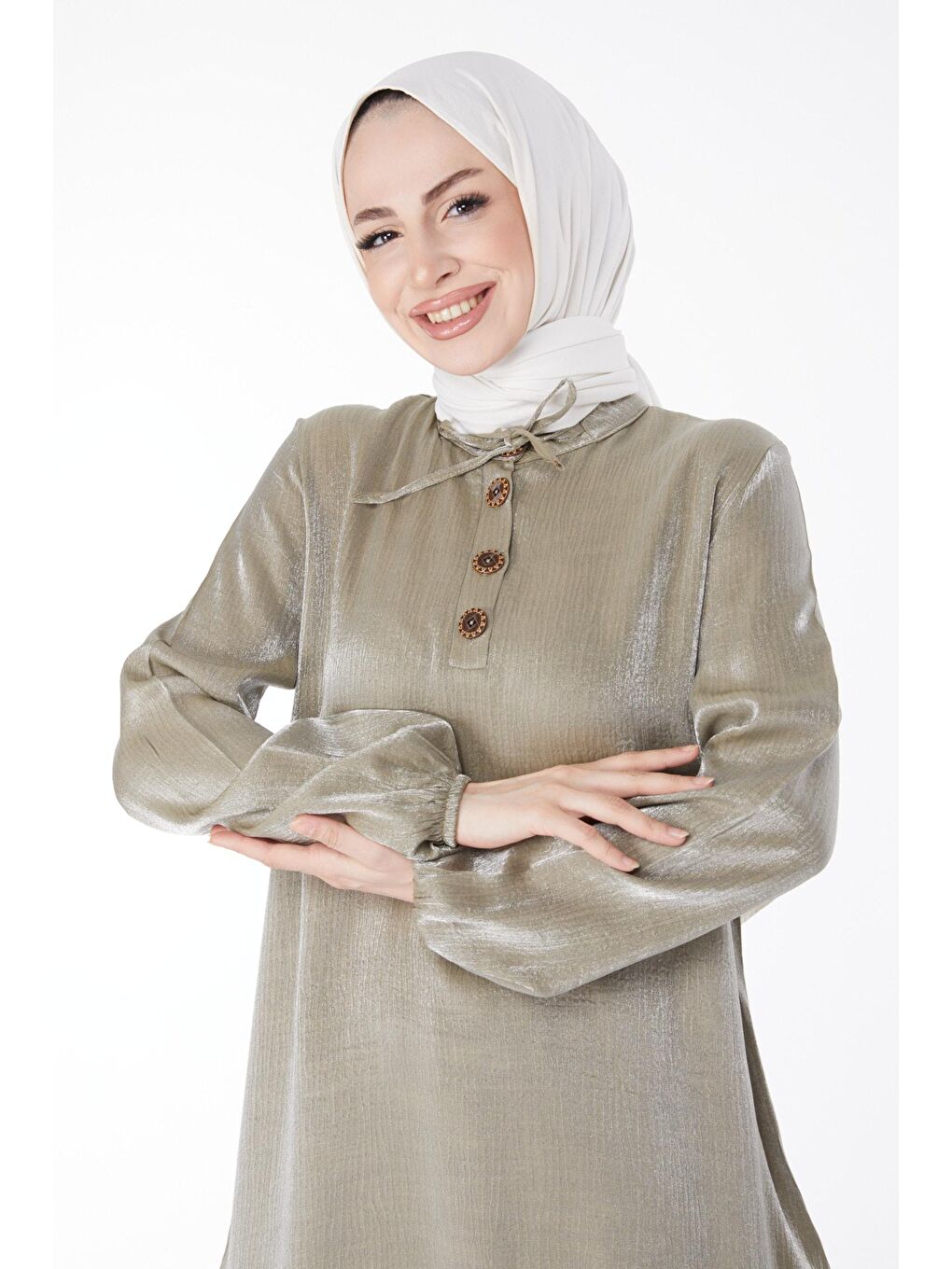 Hakim Yaka Kadın Haki Düğme Detaylı İkili Takım - 25122-1