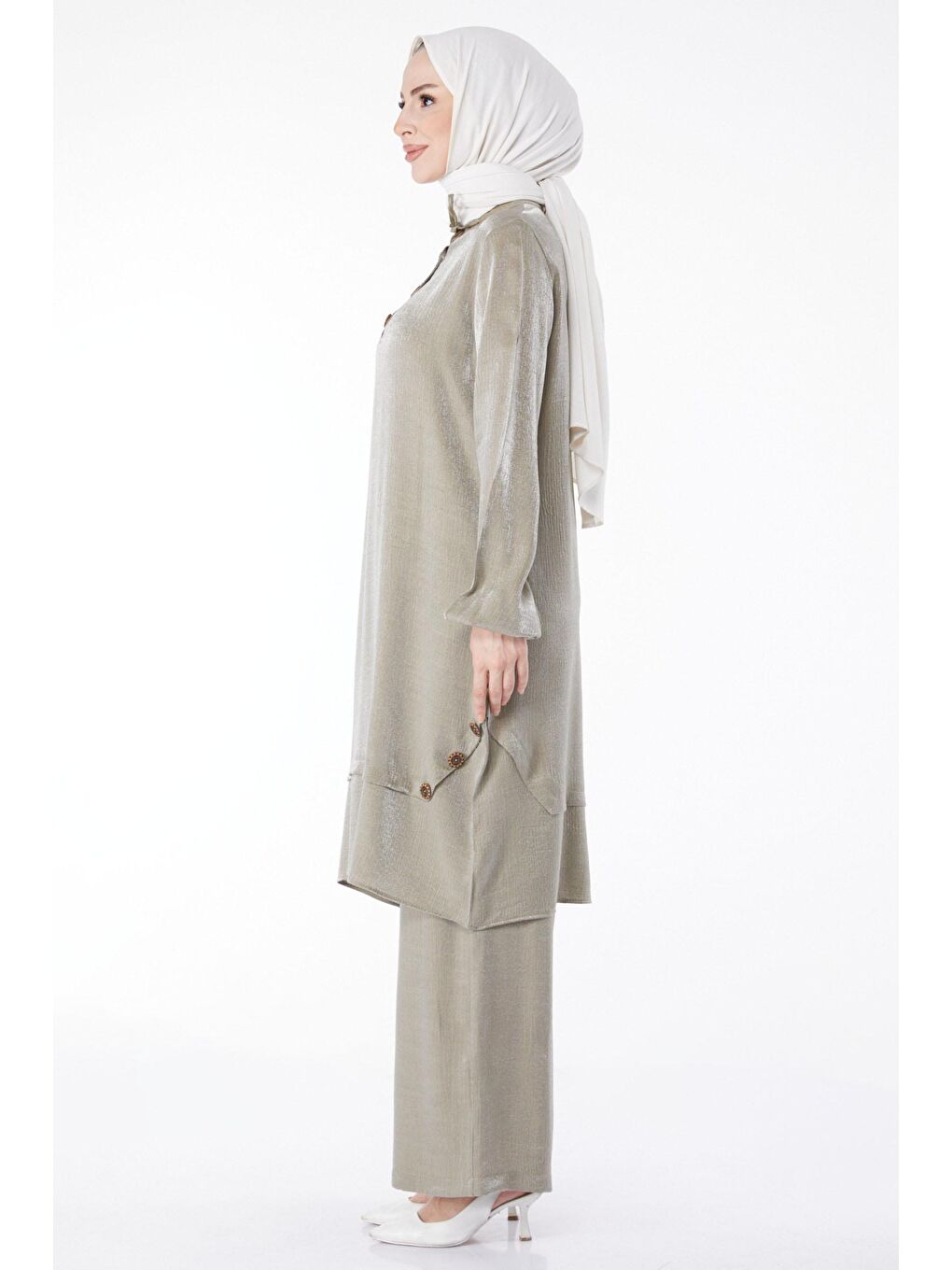 Hakim Yaka Kadın Haki Düğme Detaylı İkili Takım - 25122-2