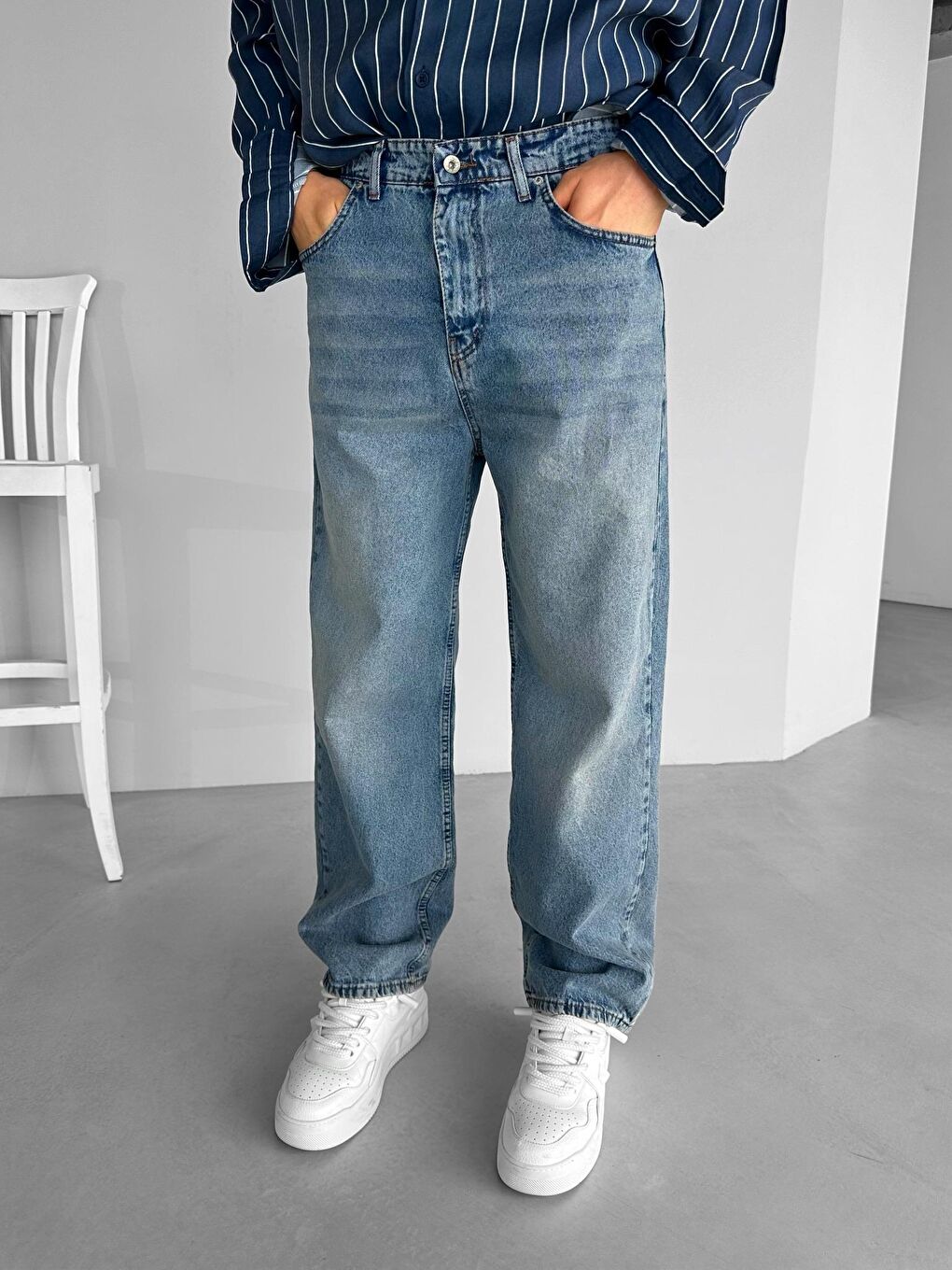 Baggy Fit Dikişli Yıkamalı Jean Pantolon Mavi