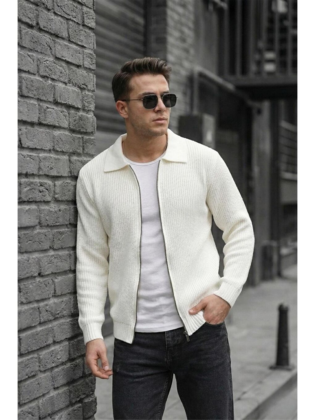 Ekru Mams Erkek Slim Fit Fermuarlı Polo Yaka Ribanalı Triko Hırka