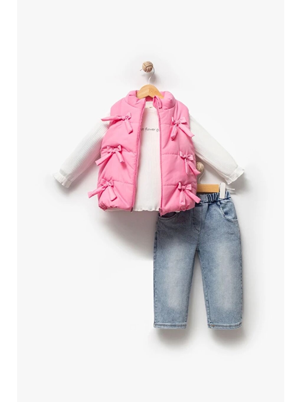 Pembe Fiyonklu Şişme Yelekli 3'lü Kız Bebek Takım 9072