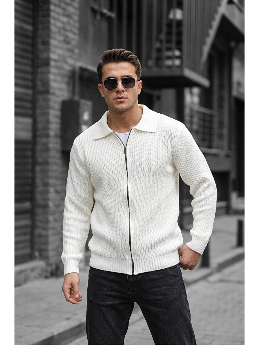 Ekru Mams Erkek Slim Fit Fermuarlı Polo Yaka Ribanalı Triko Hırka-1