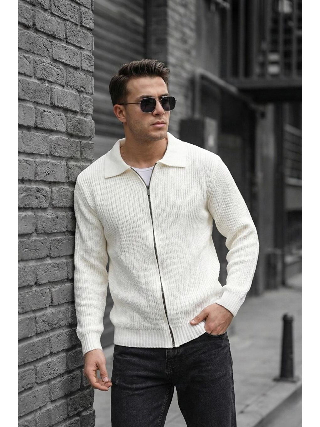 Ekru Mams Erkek Slim Fit Fermuarlı Polo Yaka Ribanalı Triko Hırka-2