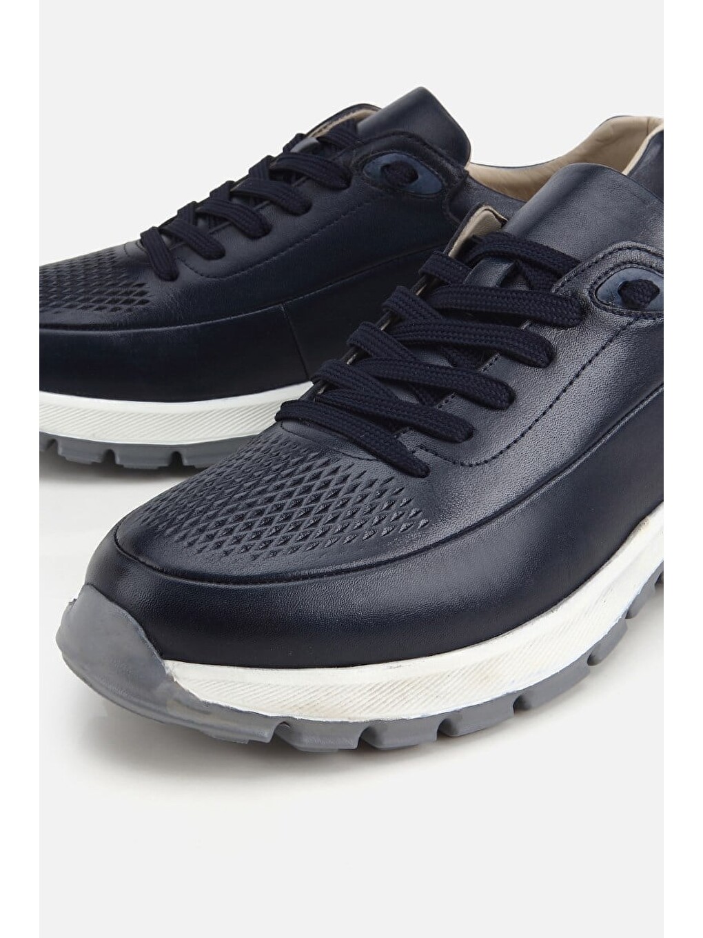 Erkek Lacivert Deri Kontrast Tabanlı Bağcıklı Sneaker-2