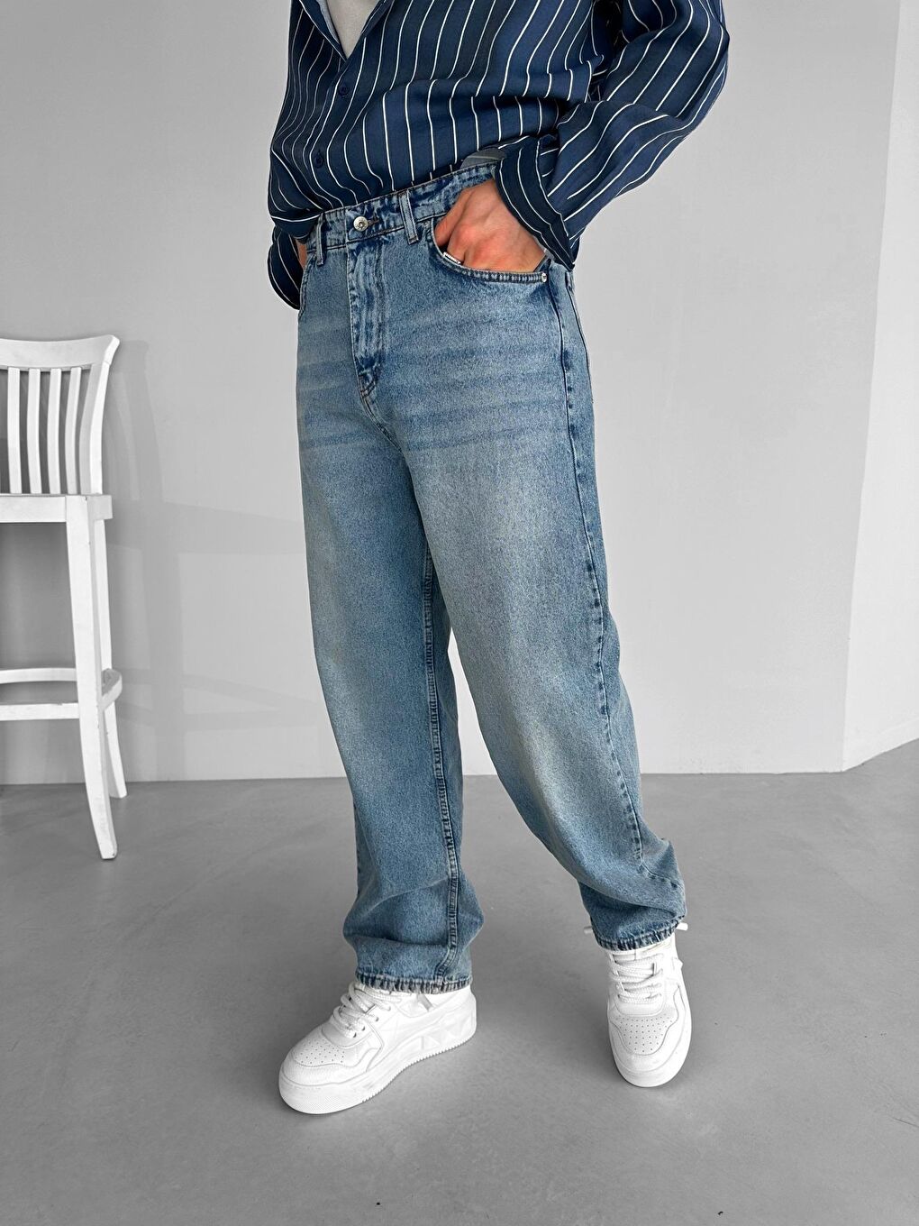 Baggy Fit Dikişli Yıkamalı Jean Pantolon Mavi-2
