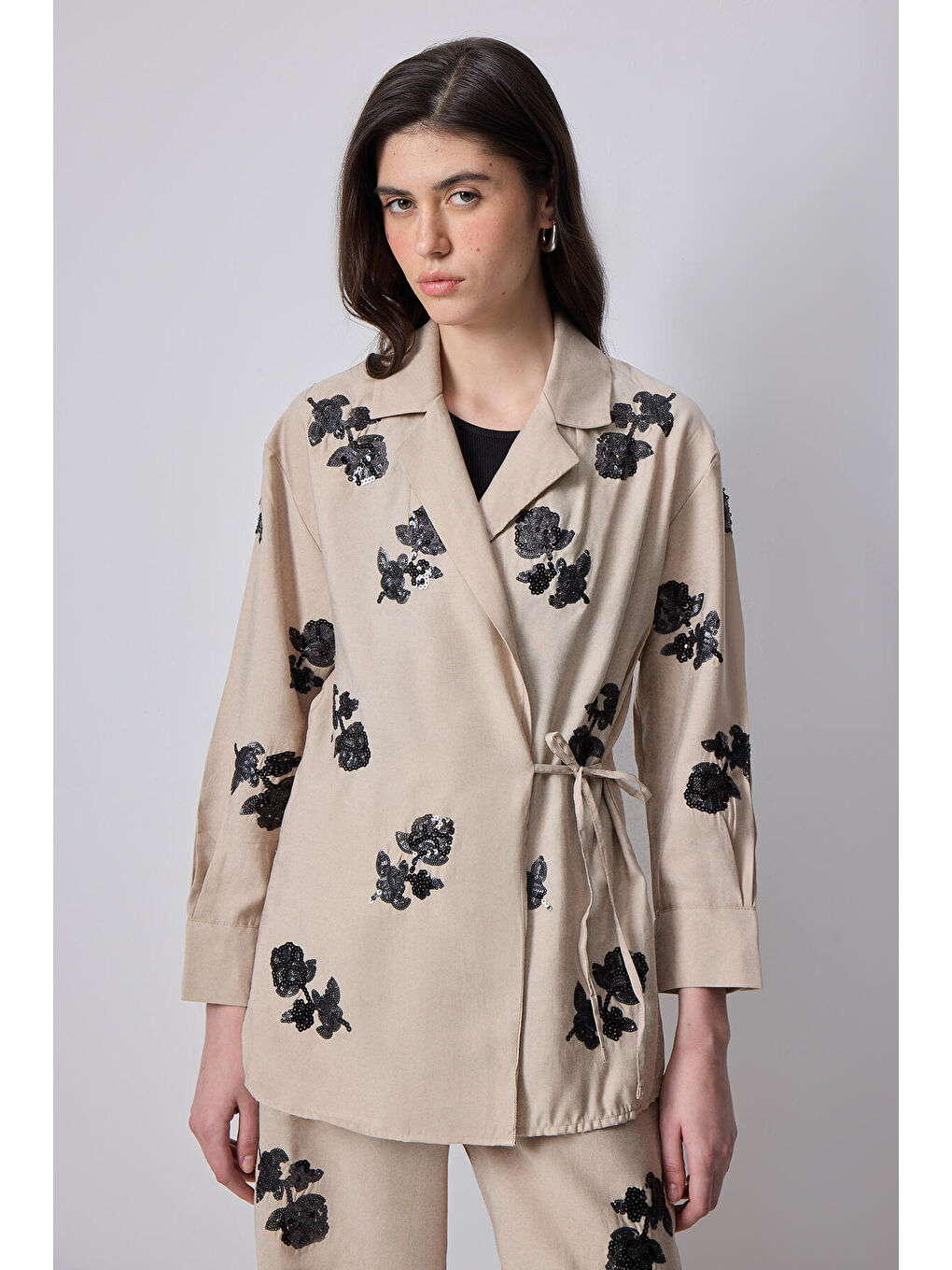 Bej Pul İşlemeli Ceket Pantolon Modal Takım-1