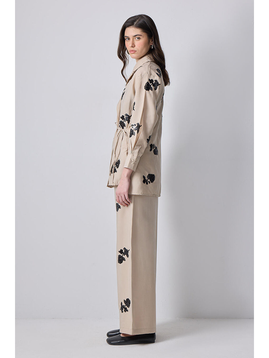 Bej Pul İşlemeli Ceket Pantolon Modal Takım-2