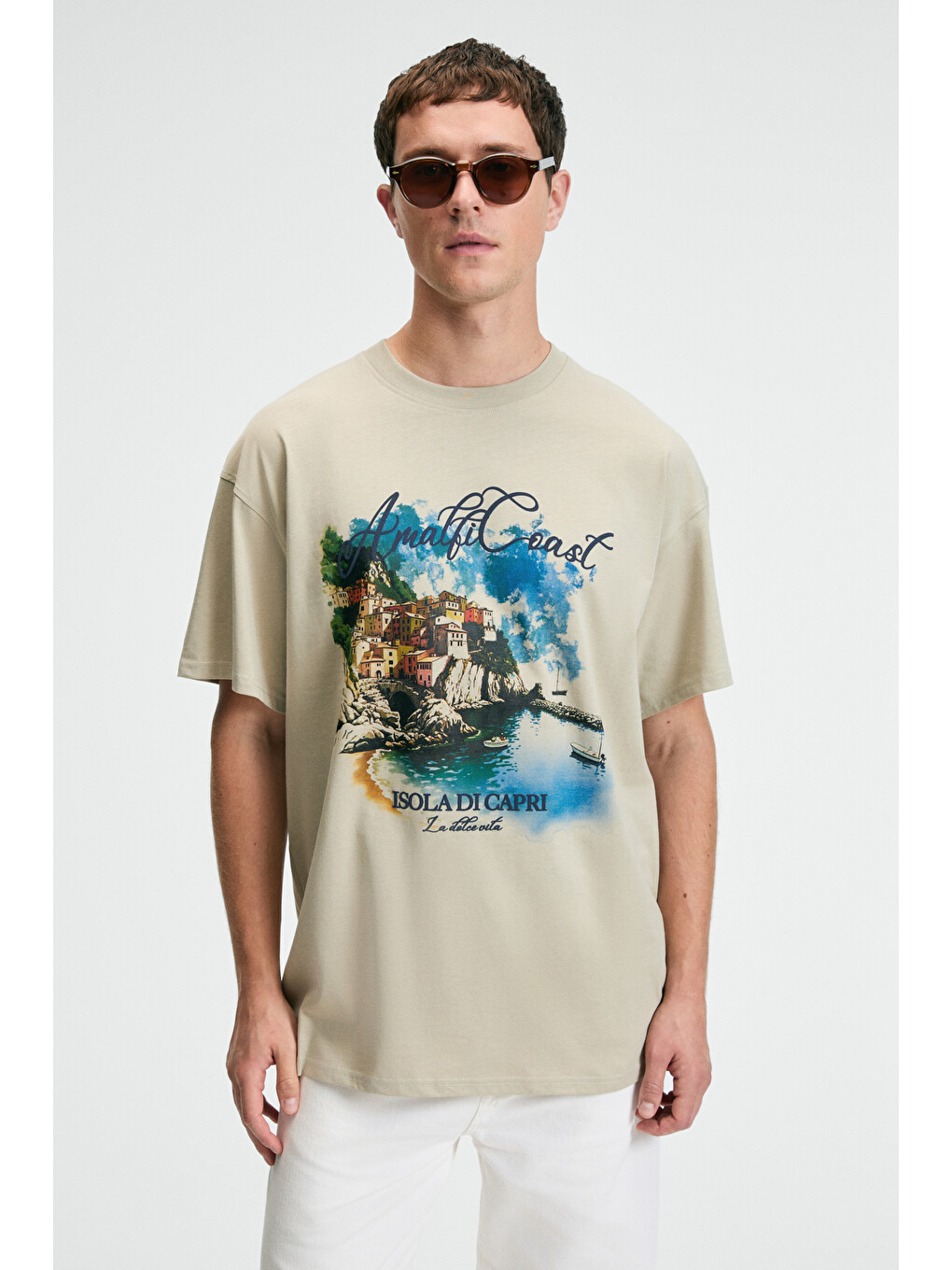 Bej Zest Erkek %100 Pamuk Oversize Fit Baskılı Kısa Kollu Yuvarlak Yakalı Taş T-shirt