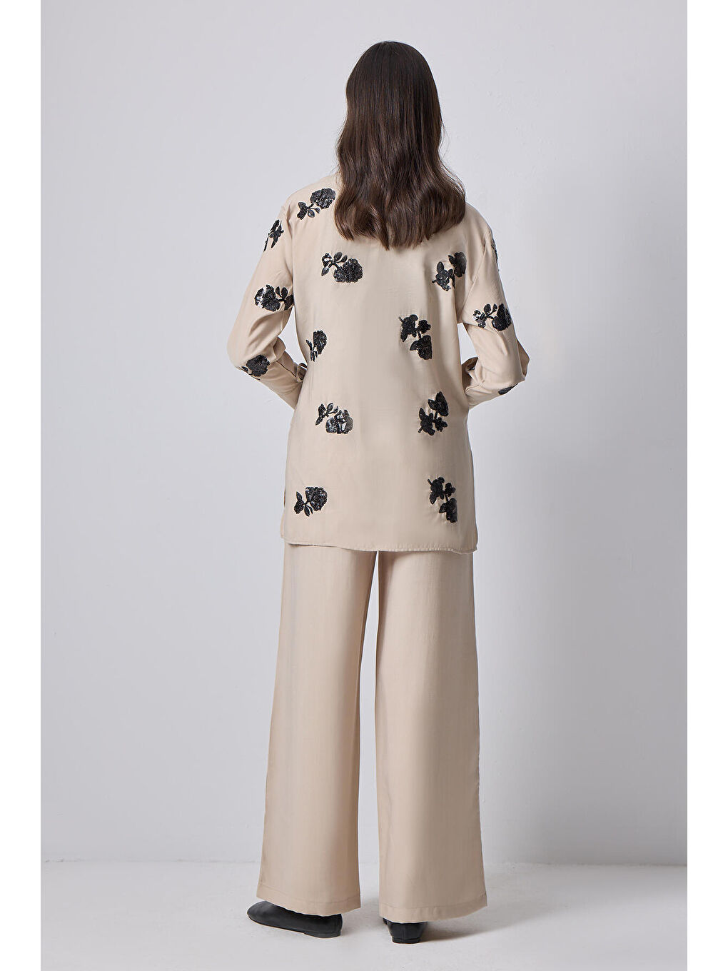 Bej Pul İşlemeli Ceket Pantolon Modal Takım-3