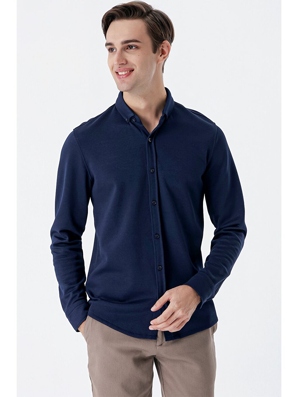 Koyu Lacivert Uzun Kollu Örme Cepsiz Pamuklu Casual Slim Fit Gömlek 1004235116