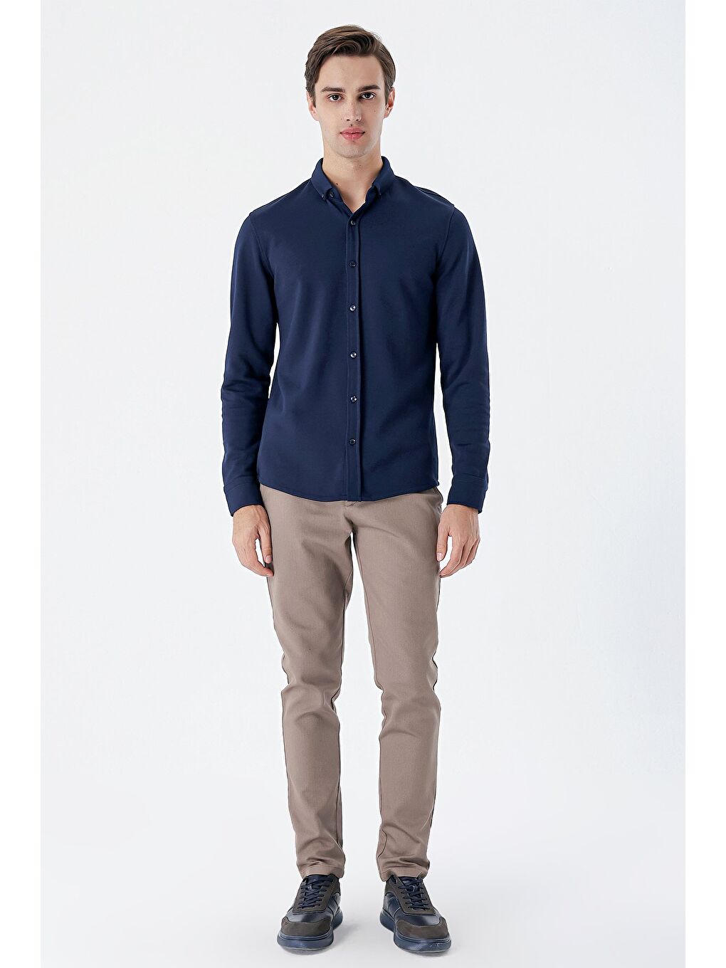 Koyu Lacivert Uzun Kollu Örme Cepsiz Pamuklu Casual Slim Fit Gömlek 1004235116-1