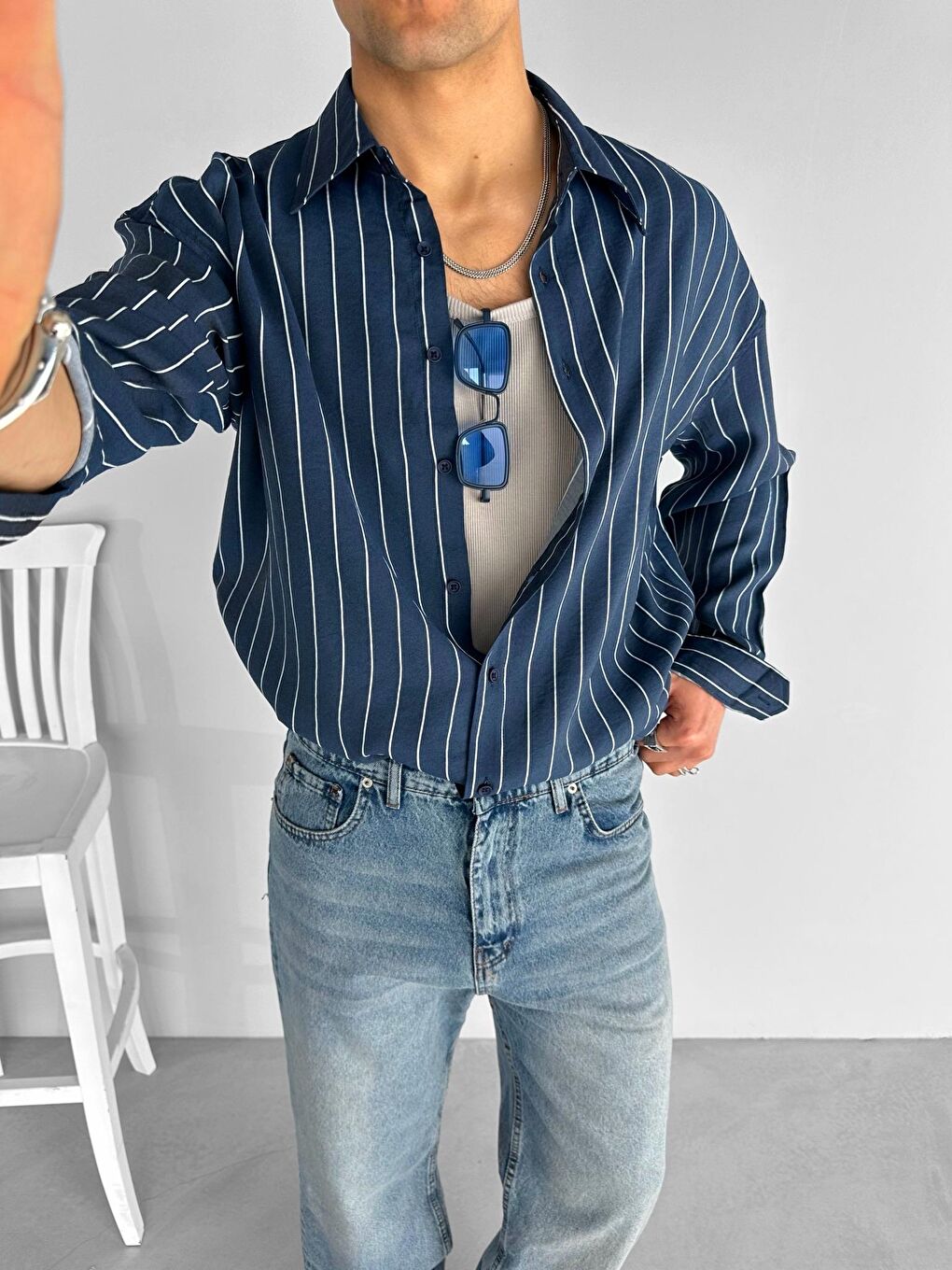 Baggy Fit Dikişli Yıkamalı Jean Pantolon Mavi-3