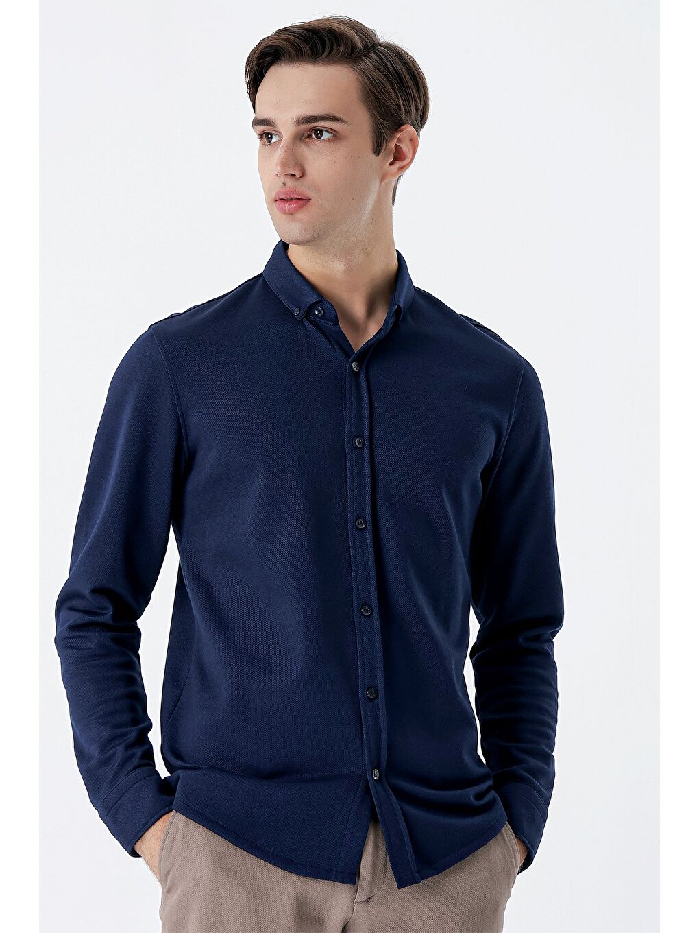 Koyu Lacivert Uzun Kollu Örme Cepsiz Pamuklu Casual Slim Fit Gömlek 1004235116-3