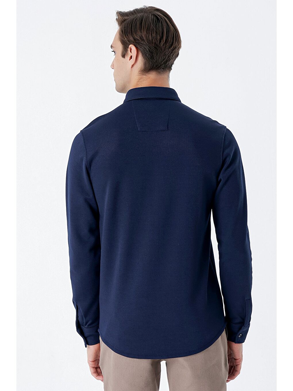 Koyu Lacivert Uzun Kollu Örme Cepsiz Pamuklu Casual Slim Fit Gömlek 1004235116-4