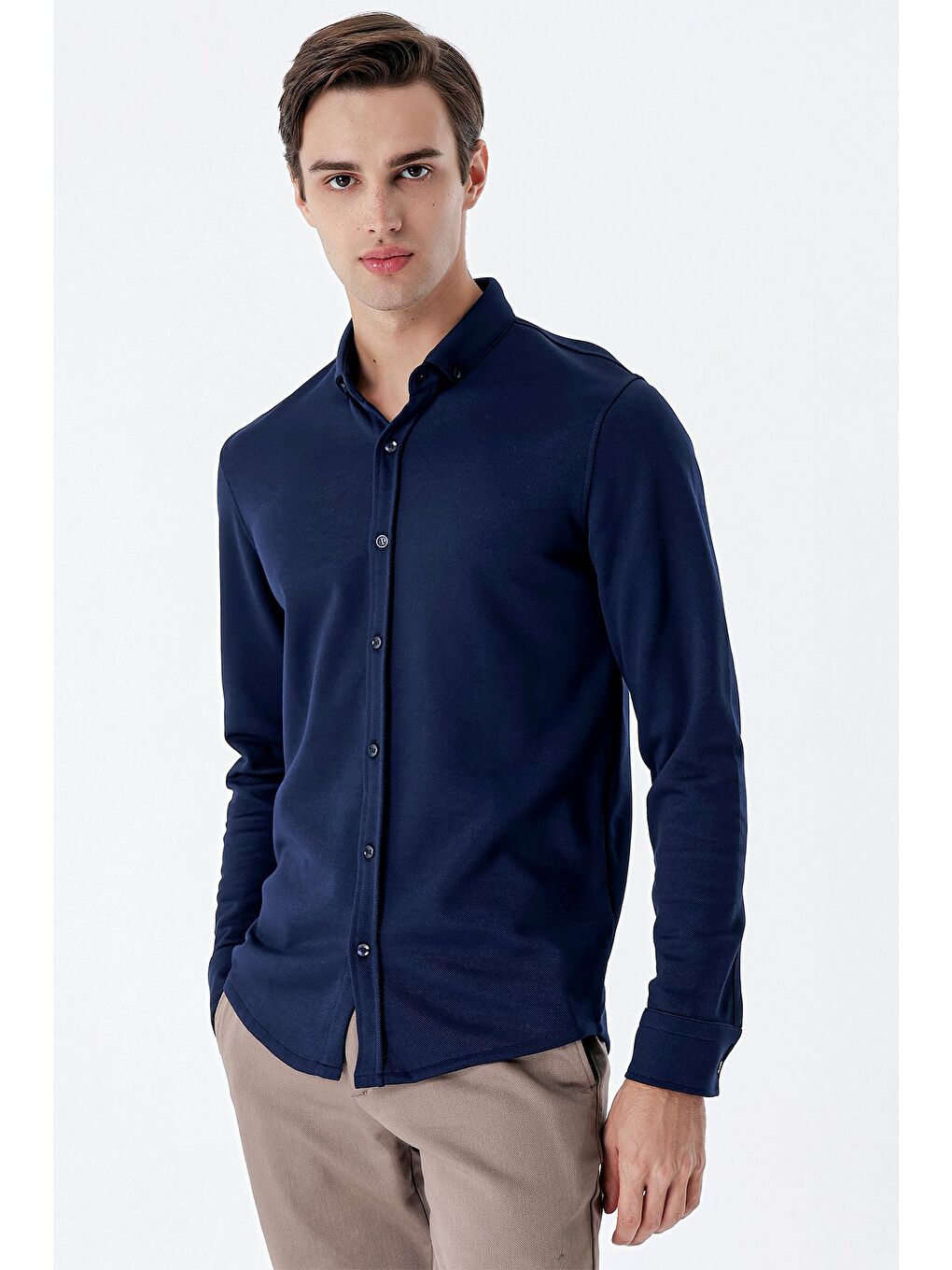 Koyu Lacivert Uzun Kollu Örme Cepsiz Pamuklu Casual Slim Fit Gömlek 1004235116-5